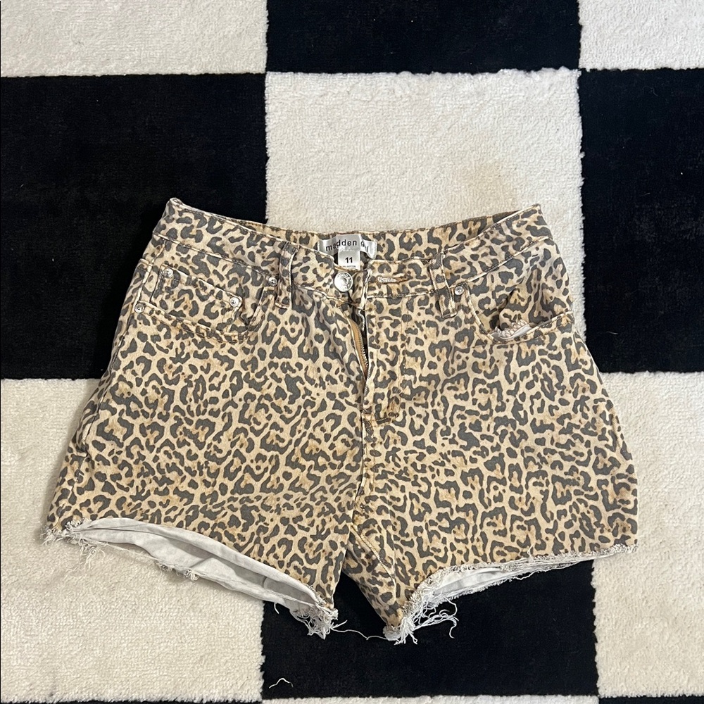 Madden Girl Tan and Gray Leopard Print Jean Shorts
